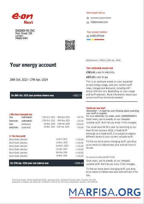 Downloadable United Kingdom Eon gas and electricity business utility bill in Word and PDF formats, version 7 real example